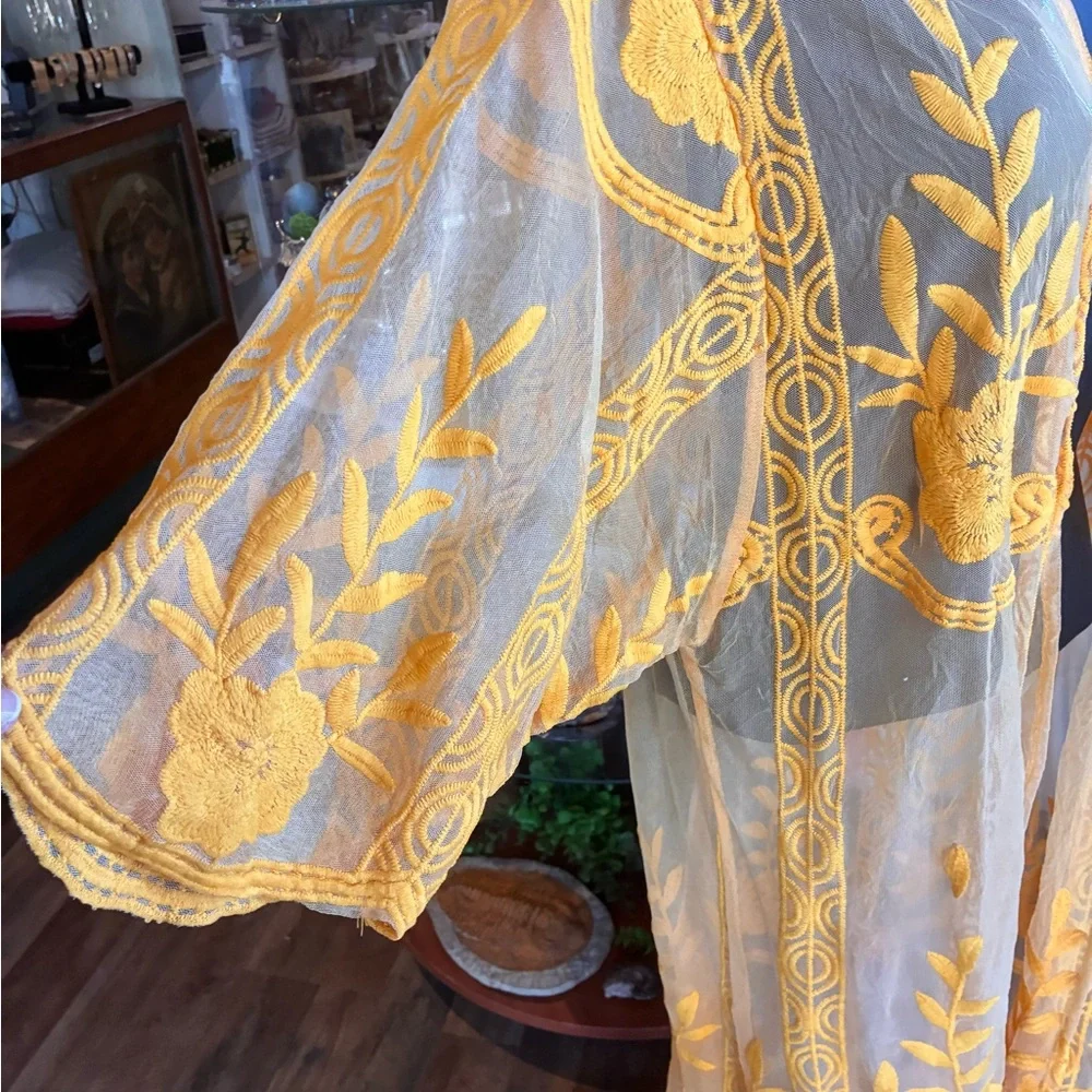 Yellow Embroidered Sheer Kimono Duster Boho Western - Picture 5 of 7